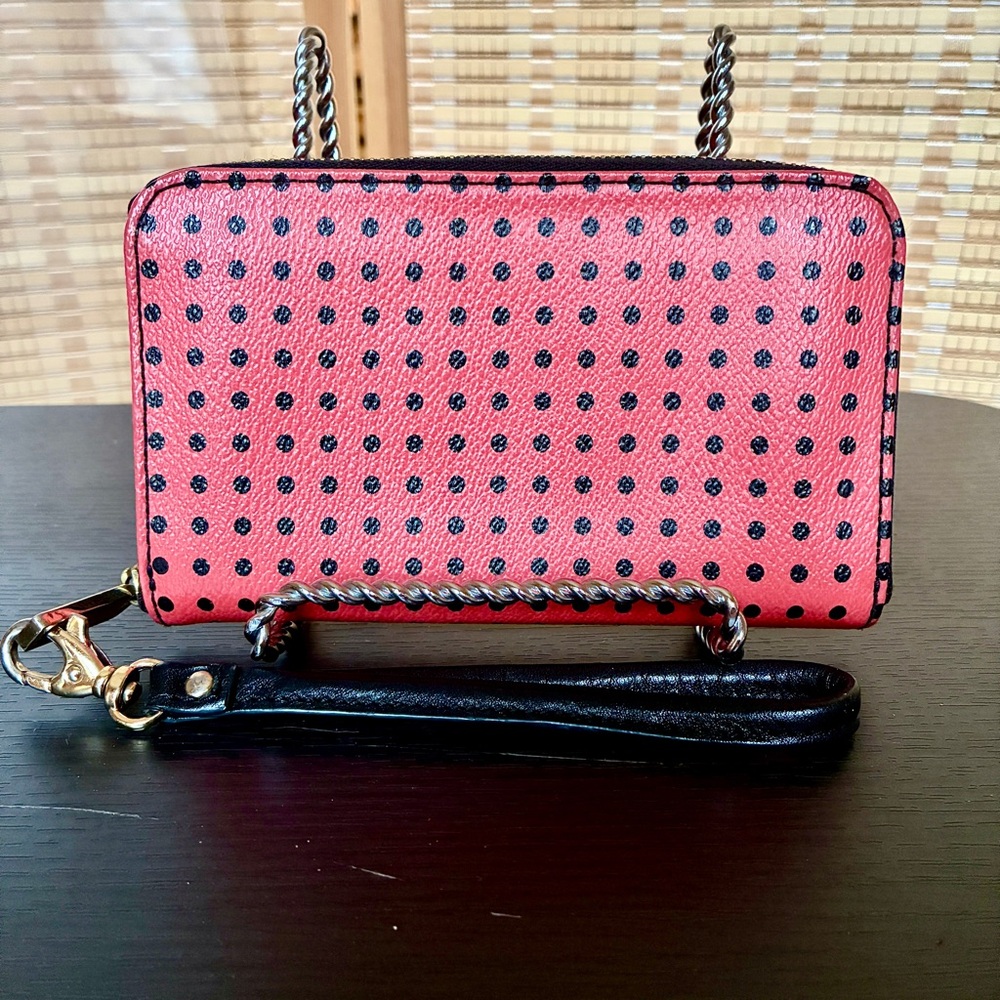 Fossil Leather Wallet Wristlet in Pink and Black Polka Dots